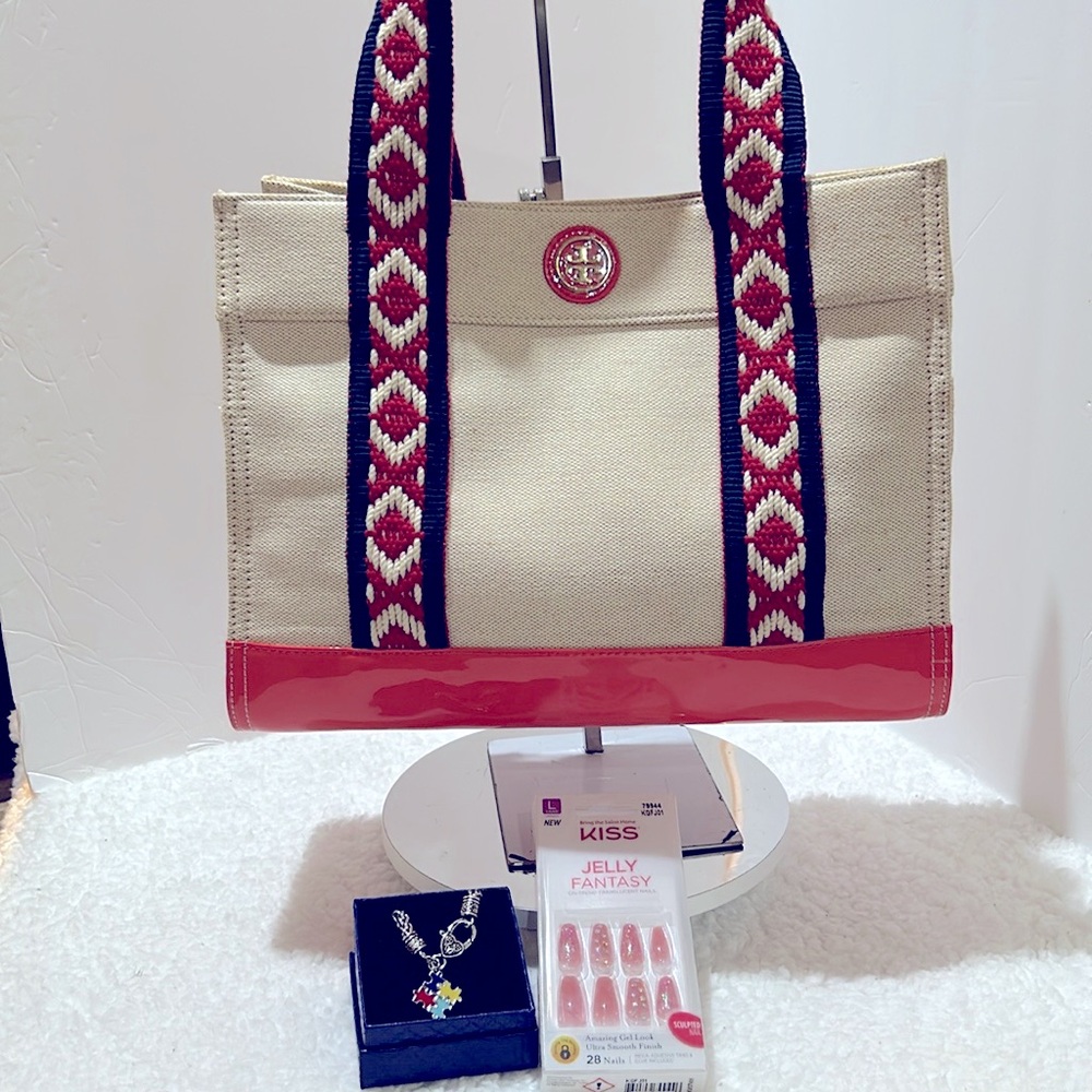 Tory Burch Unique Canvas Tote Back Customized with Free Autism Bracelet & Nails